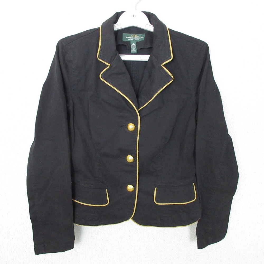 LRL Lauren Jeans Co. Black Blazer Jacket Gold Trim and Buttons Size 8 Women's